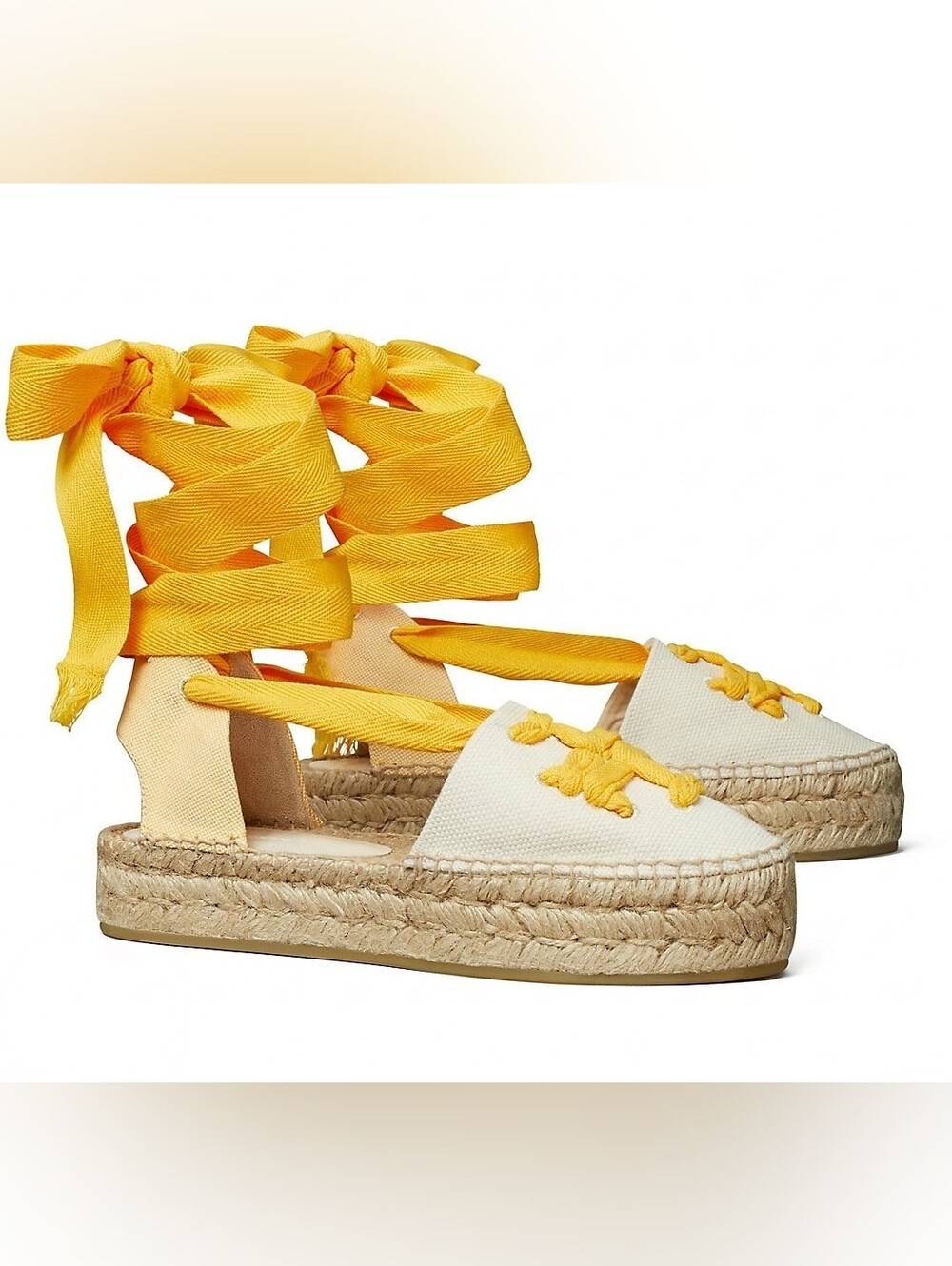 Tory Burch Woven Double T Aline Ribbon Espadrilles - Brilliant Yellow - Size 6